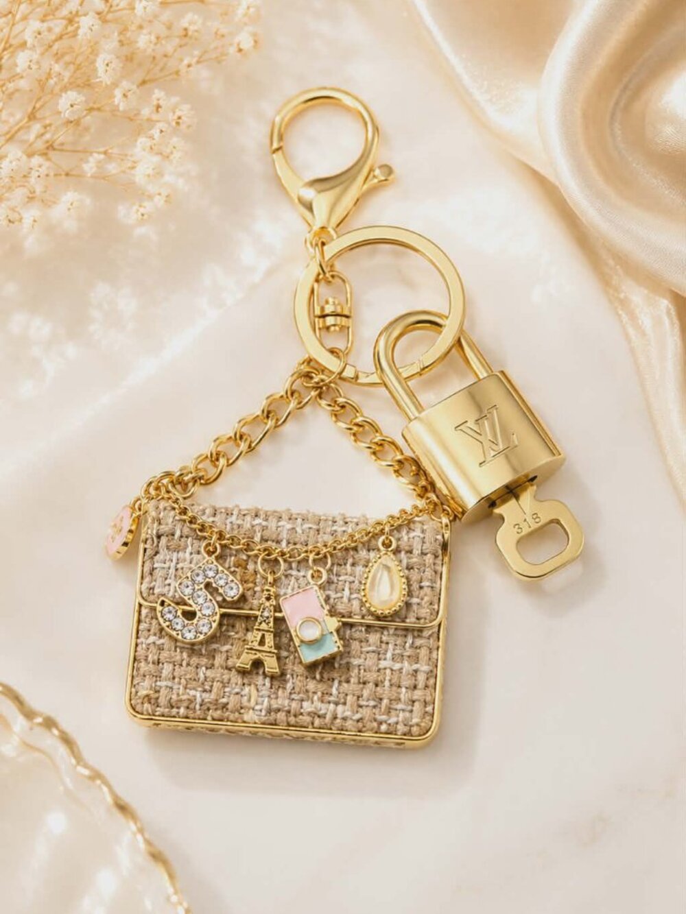 Authentic Louis Vuitton Padlock & Key Gold ✨Unbranded Tweed Bag Charm Keychain